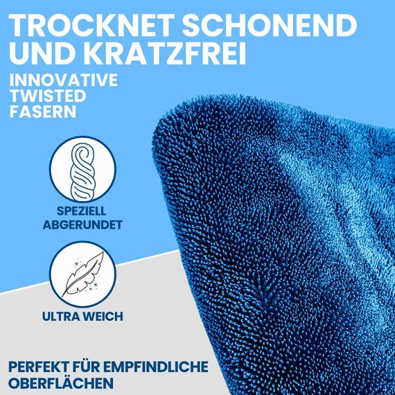 Ivality® Auto Trockentuch XXL 80x50 cm – 1400 GSM Ultra Saugstarke Mikrofasertücher für Autopflege und Motorrad, Fusselfreies, Lack-schonendes Twisted Towel Microfasertuch