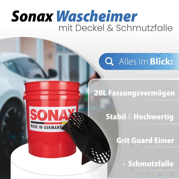 Autowäsche Set - SONAX: Autoshampoo Glanz Shampoo Konzentrat - SONAX Wascheimer mit Deckel & Schmutzfalle, Waschhandschuh mit Insekten Mesh - Autoreinigungsset Aussen