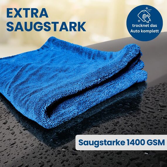 Ivality® Auto Trockentuch XXL 80x50 cm – 1400 GSM Ultra Saugstarke Mikrofasertücher für Autopflege und Motorrad, Fusselfreies, Lack-schonendes Twisted Towel Microfasertuch