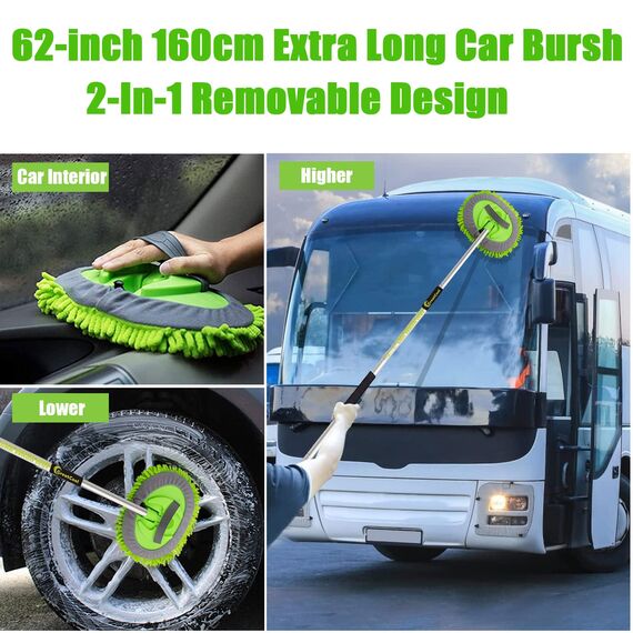 GreatCool 160CM Autowaschbürste Waschbürste Auto mit Langer Griff, 2 in 1 Mikrofaser Chenille Autowaschmopp Waschhandschuh Reinigungsbürste für Auto RV Trucks Wohnwagen Wohnmobil（2 x Moppkopf）