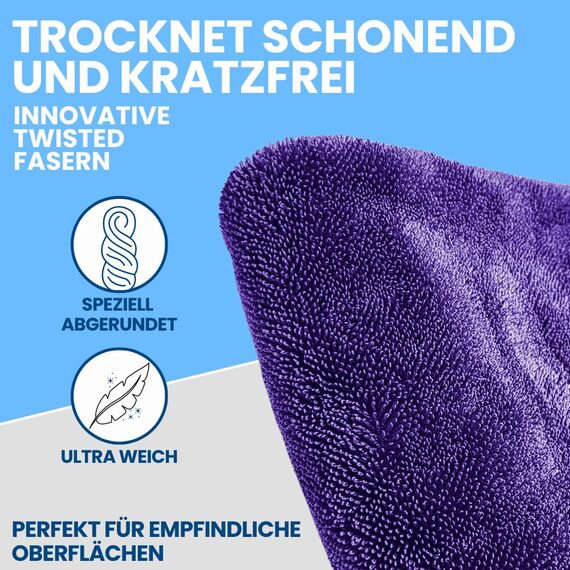 Ivality® Auto Trockentuch Mittel 40x60 cm – 1400 GSM Ultra Saugstarke Mikrofasertücher für Autopflege und Motorrad, Fusselfreies, Lack-schonendes Twisted Towel Microfasertuch