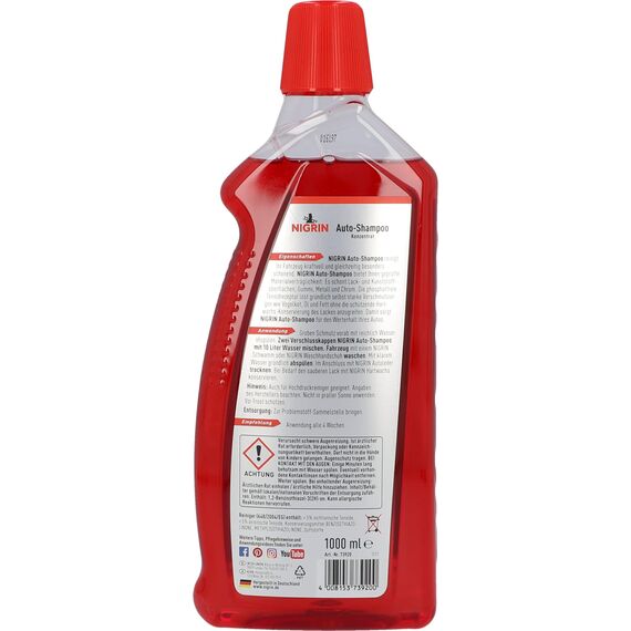 NIGRIN Autoshampoo Konzentrat, 1 Liter, entfernt auch starke Verschmutzungen, schont Lack- und Kunststoffoberflächen, mit Orangen-Duft, Orange
