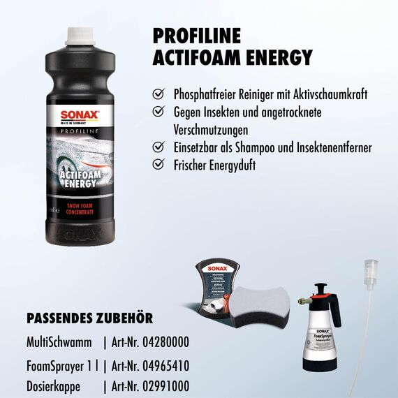 SONAX PROFILINE ActiFoam Energy (1 Liter) stark schmutzlösendes SnowFoam Schaumshampoo für die Fahrzeugwäsche | Art-Nr. 06183000