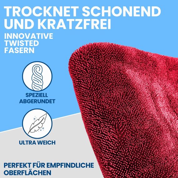 Ivality® Auto Trockentuch Mittel 40x60 cm – 1400 GSM Ultra Saugstarke Mikrofasertücher für Autopflege und Motorrad, Fusselfreies, Lack-schonendes Twisted Towel Microfasertuch
