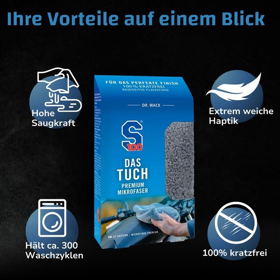Dr. Wack S100 DAS Tuch Mikrofasertuch 40 x 40 cm - Extrem weiches & saugstarkes Mikrofasertuch für Motorrad - 100% fusselfreies Poliertuch - Kratzfreie Motorradreinigung - Hochwertige Motorradpflege