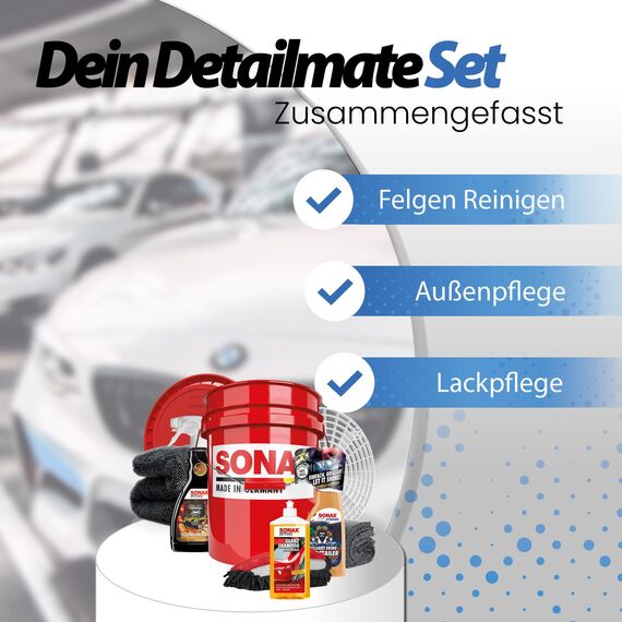 Autowäsche Set - SONAX: Autoshampoo Glanz Shampoo Konzentrat - SONAX Wascheimer mit Deckel & Schmutzfalle, Waschhandschuh mit Insekten Mesh - Autoreinigungsset Aussen