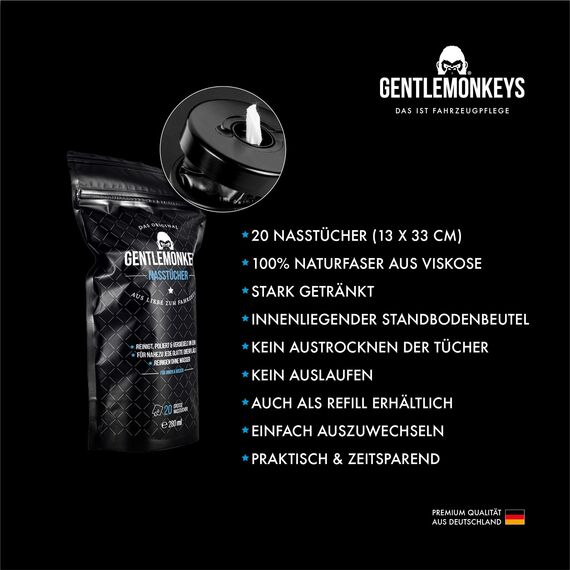 GENTLEMONKEYS Reinigungsset für Auto & Bike • Reinigungstücher für Auto Innen + Außen • Putztücher für gründliche & schnelle Fahrzeug Reinigung • 20 Nasstücher + 1 Mikrofasertuch