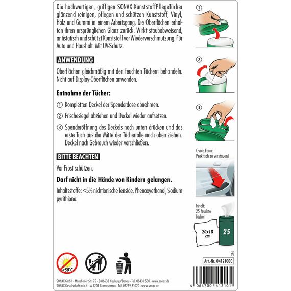 SONAX KunststoffPflegeTücher glänzend Box (25 Stück) Feuchte Tücher reinigen, pflegen und verleihen Glanz in einem Arbeitsgang | Art-Nr. 04121000