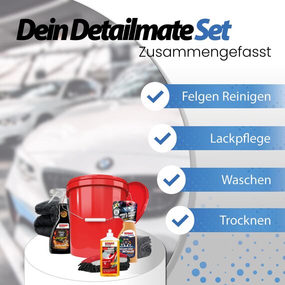 Autowäsche Set - SONAX: Autoshampoo, Felgenbeast Felgenreiniger, Brilliant Shine Detailer - Detailmate: Trockentuch, Waschhandschuh, Wascheimer mit Deckel - Autoreinigungsset Aussen