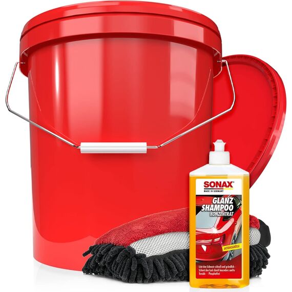 Autowäsche Set - SONAX: Autoshampoo Glanz Shampoo Konzentrat - Detailmate Wascheimer mit Deckel, Waschhandschuh mit Insekten Mesh - Autoreinigungsset Aussen