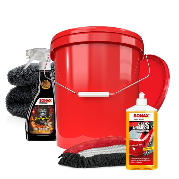 Autowäsche Set - SONAX: Autoshampoo, Felgenbeast Felgenreiniger - Detailmate: Trockentuch, Waschhandschuh, Wascheimer mit Deckel - Autoreinigungsset Aussen