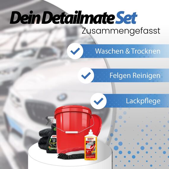 Autowäsche Set - SONAX: Autoshampoo, Felgenbeast Felgenreiniger - Detailmate: Trockentuch, Waschhandschuh, Wascheimer mit Deckel - Autoreinigungsset Aussen
