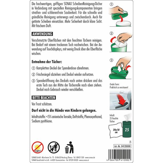 SONAX ScheibenReinigungsTücher Box (25 Stück) zur schnellen, einfachen und streifenfreien Reinigung von allen Glas- und Spiegelflächen | Art-Nr. 04120000