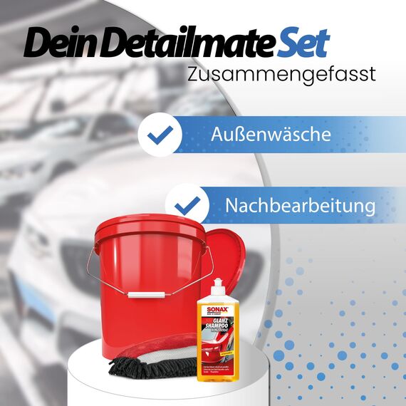 Autowäsche Set - SONAX: Autoshampoo Glanz Shampoo Konzentrat - Detailmate Wascheimer mit Deckel, Waschhandschuh mit Insekten Mesh - Autoreinigungsset Aussen