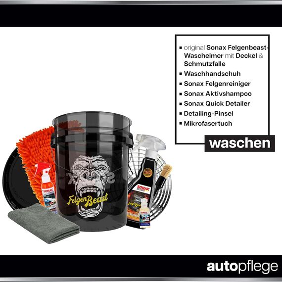 Felgenreiniger Set | Sonax Felgenbeast 500ml + Auto Wascheimer 20l mit Sieb und Deckel + Waschhandschuh + Pinsel + Ceramic Quick Detailer + Ceramic Shampoo + Mikrofasertuch