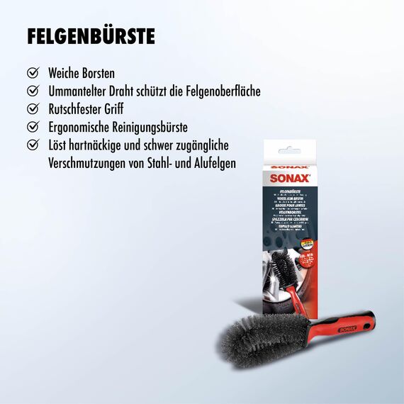 SONAX FelgenBürste (1 Stück) zur Entfernung von hartnäckigen und schwer zugänglichen Verschmutzungen von Stahl- und Alufelgen | Art-Nr. 04179000