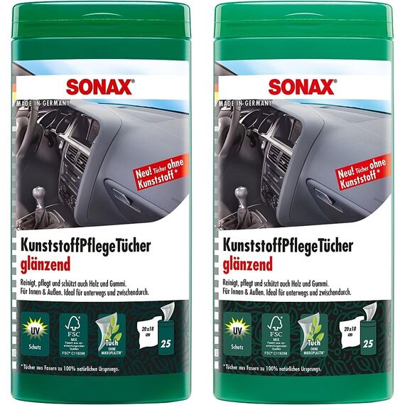 SONAX KunststoffPflegeTücher glänzend Box (25 Stück) Feuchte Tücher reinigen, pflegen und verleihen Glanz in einem Arbeitsgang | Art-Nr. 04121000 (Packung mit 2)
