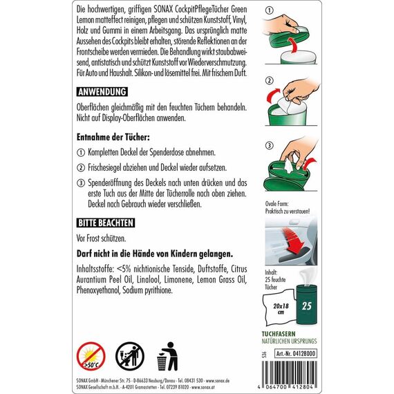 SONAX CockpitPflegeTücher Matteffect Green Lemon Box (25 Stück) reinigen, pflegen und schützten alle Kunststoffteile, Holz und Gummi mit Geen Lemon-Duft | Art-Nr. 04128000