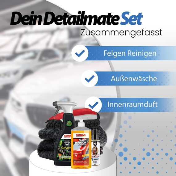 Autowäsche Set - SONAX: Autoshampoo Konzentrat, Felgenbeast Felgenreiniger - Detailmate: Trockentuch, Waschhandschuh - Nuke Guys Lufterfrischer Duftspray - Autoreinigungsset Aussen