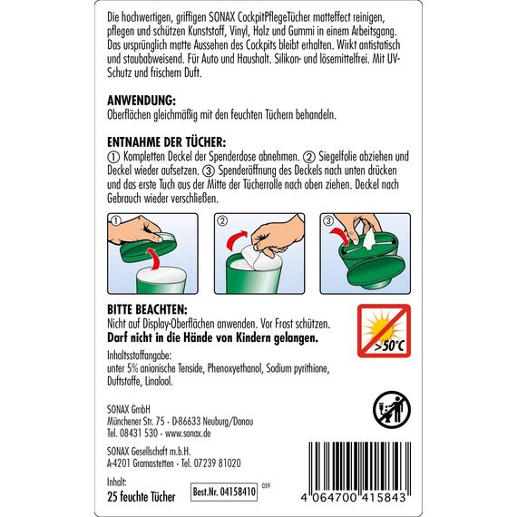 SONAX CockpitPflegeTücher Matteffect Box (25 Stück) Feuchte Tücher reinigen, pflegen und schützen alle Kunststoffteile, Holz und Gummi | Art-Nr. 04158410, Green (Packung mit 2)