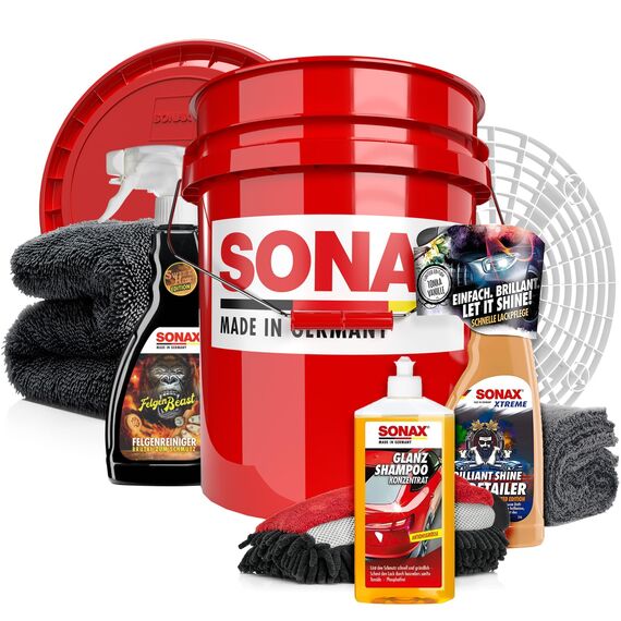 Autowäsche Set - SONAX: Autoshampoo Glanz Shampoo Konzentrat - SONAX Wascheimer mit Deckel & Schmutzfalle, Waschhandschuh mit Insekten Mesh - Autoreinigungsset Aussen