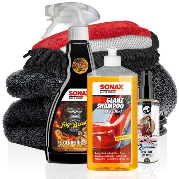 Autowäsche Set - SONAX: Autoshampoo Konzentrat, Felgenbeast Felgenreiniger - Detailmate: Trockentuch, Waschhandschuh - Nuke Guys Lufterfrischer Duftspray - Autoreinigungsset Aussen