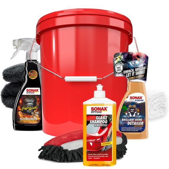 Autowäsche Set - SONAX: Autoshampoo, Felgenbeast Felgenreiniger, Brilliant Shine Detailer - Detailmate: Trockentuch, Waschhandschuh, Wascheimer mit Deckel - Autoreinigungsset Aussen