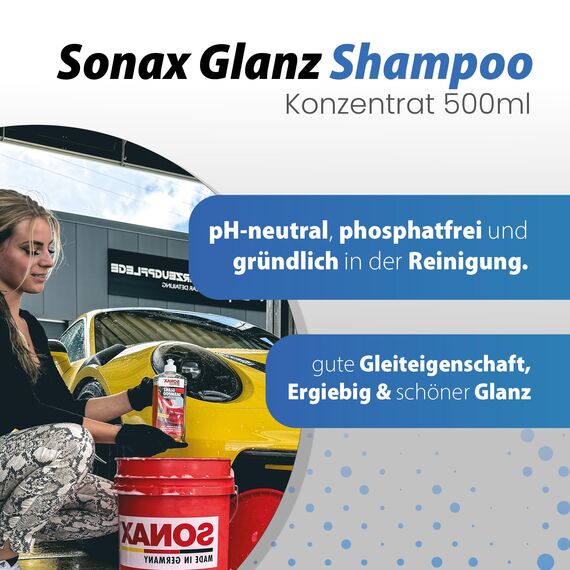 Autowäsche Set - SONAX: Autoshampoo Glanz Shampoo Konzentrat - Detailmate Wascheimer mit Deckel, Waschhandschuh mit Insekten Mesh - Autoreinigungsset Aussen