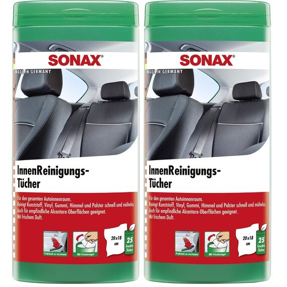 SONAX InnenReinigungsTücher Box (25 Stück) zur schnellen, einfachen und gründlichen Reinigung aller Flächen im Fahrzeuginnenraum | Art-Nr. 04122000 (Packung mit 2)