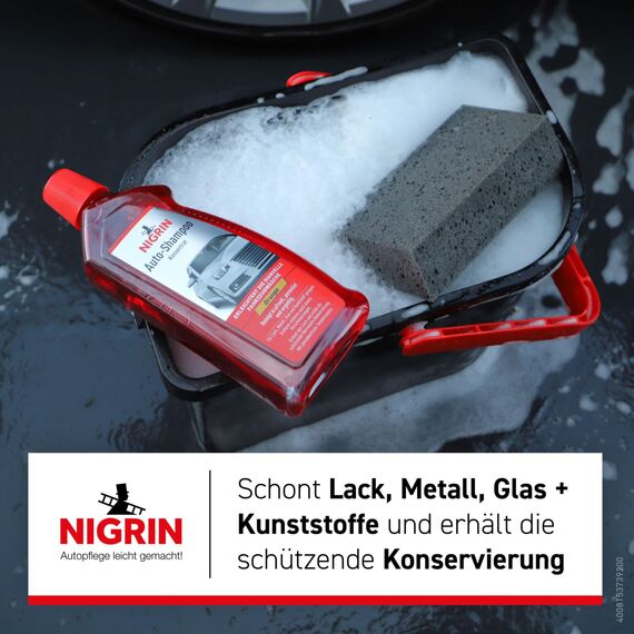 NIGRIN Autoshampoo Konzentrat, 1 Liter, entfernt auch starke Verschmutzungen, schont Lack- und Kunststoffoberflächen, mit Orangen-Duft, Orange