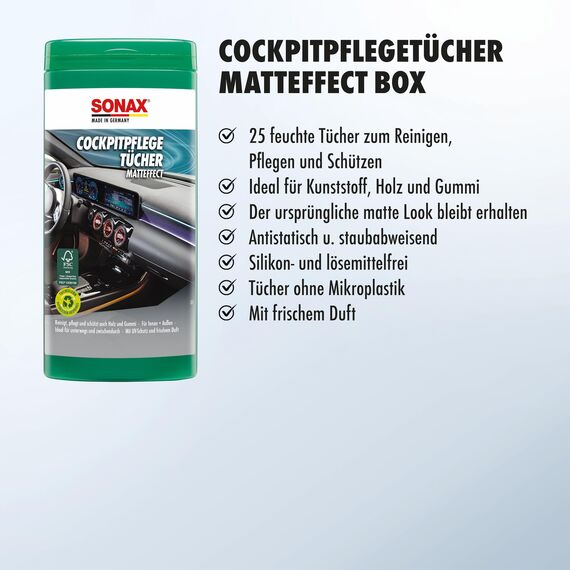 SONAX CockpitPflegeTücher Matteffect Box (25 Stück) Feuchte Tücher reinigen, pflegen und schützen alle Kunststoffteile, Holz und Gummi | Art-Nr. 04158410