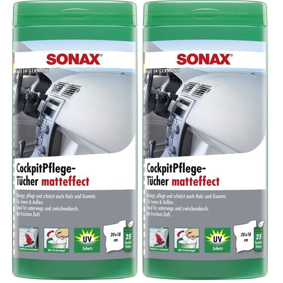 SONAX CockpitPflegeTücher Matteffect Box (25 Stück) Feuchte Tücher reinigen, pflegen und schützen alle Kunststoffteile, Holz und Gummi | Art-Nr. 04158410, Green (Packung mit 2)