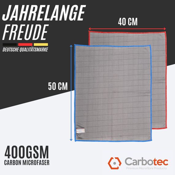 CARBOTEC® 2X Premium Carbon Mikrofaser Glastücher - Professionelle Reinigung fusselfrei & streifenfrei für Glas/Spiegel/Fenster/Autoscheibe - Mikrofasertücher/Waffeltuch mit Carbonfaser (Tuch 400gsm2)