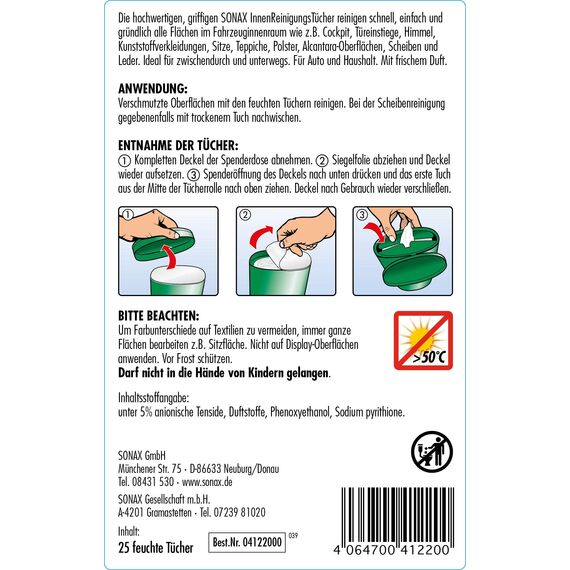 SONAX InnenReinigungsTücher Box (25 Stück) zur schnellen, einfachen und gründlichen Reinigung aller Flächen im Fahrzeuginnenraum | Art-Nr. 04122000 (Packung mit 2)