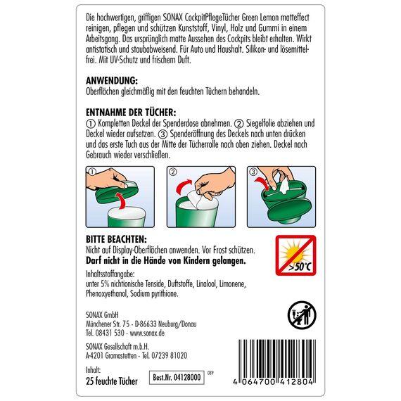 SONAX CockpitPflegeTücher Matteffect Green Lemon Box (25 Stück) reinigen, pflegen und schützten alle Kunststoffteile, Holz und Gummi mit Geen Lemon-Duft | Art-Nr. 04128000 (Packung mit 2)