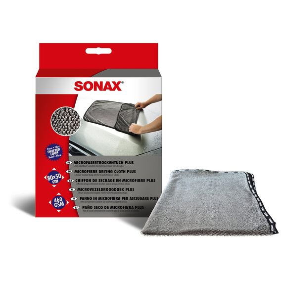 SONAX Microfaser FelgenBürste (1 Stück) & MicrofaserTrockenTuch Plus (1 Stück) im Großformat zur perfekten, streifenfreien Trocknung von Fahrzeugen Art-Nr. 04512000 Weiß