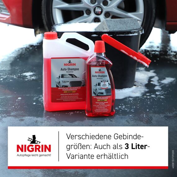 NIGRIN Autoshampoo Konzentrat, 1 Liter, entfernt auch starke Verschmutzungen, schont Lack- und Kunststoffoberflächen, mit Orangen-Duft, Orange