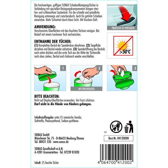 SONAX ScheibenReinigungsTücher Box (25 Stück) zur schnellen, einfachen und streifenfreien Reinigung von Allen Glas- und Spiegelflächen | Art-Nr. 04120000 (Packung mit 2)