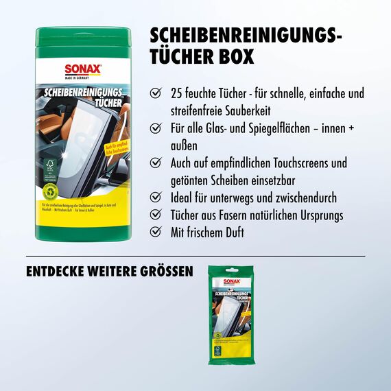 SONAX ScheibenReinigungsTücher Box (25 Stück) zur schnellen, einfachen und streifenfreien Reinigung von allen Glas- und Spiegelflächen | Art-Nr. 04120000