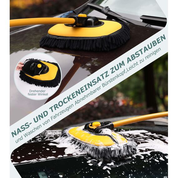 Innhom 15° Curve Autowaschbürste Teleskop, mit Langem Stiel für Autos, Wohnmobil, SUV, LKW - 2 Mop-Köpfe Inklusive (Gelb)