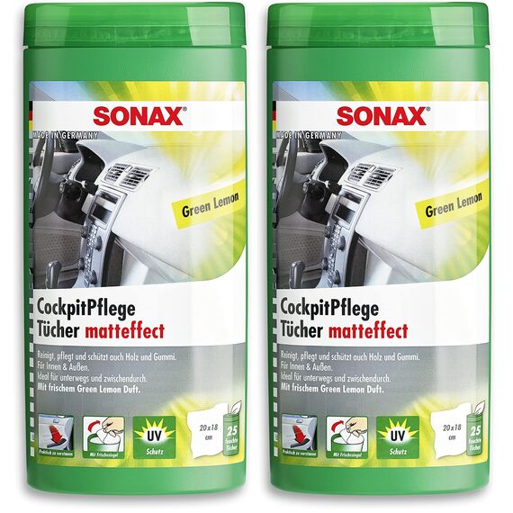 SONAX CockpitPflegeTücher Matteffect Green Lemon Box (25 Stück) reinigen, pflegen und schützten alle Kunststoffteile, Holz und Gummi mit Geen Lemon-Duft | Art-Nr. 04128000 (Packung mit 2)