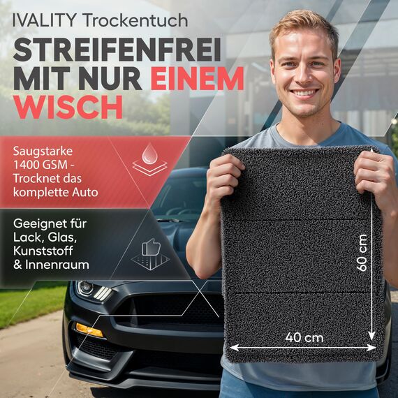 Ivality® Auto Trockentuch Mittel 40x60 cm – 1400 GSM Ultra Saugstarke Mikrofasertücher für Autopflege und Motorrad, Fusselfreies, Lack-schonendes Twisted Towel Microfasertuch