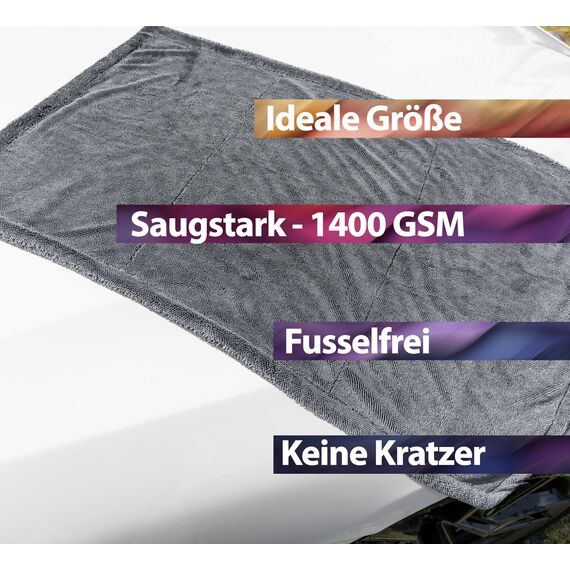 Kemes Mikrofasertücher Auto XXL Ultra saugstark mit 1400 GSM Heavyweight Grau 50x80cm Premium Microfaser Trockentuch Kratzfrei | 5-Fach Saugstark Poliertuch für Autopflege und Motorrad