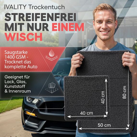 Ivality® Auto Trockentuch Set – 2 Stück - 80x50 cm & 40x40 cm, 1400 GSM Saugstarkes Twisted Mikrofasertücher - Trockentuch für AutoPflege und Motorrad - Fusselfreie & Lack-schonende Microfasertuch