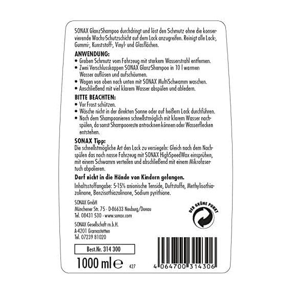 SONAX GlanzShampoo Konzentrat (1 Liter) durchdringt und löstr Schmutz gründlich, ohne Angreifen der Wachs-Schutzschicht | Art-Nr. 03143000 (Packung mit 2)