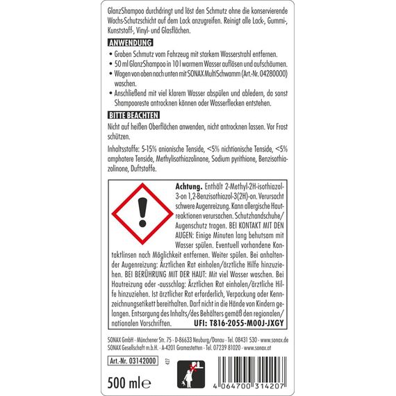 SONAX GlanzShampoo Konzentrat (500 ml) durchdringt und löst Schmutz gründlich, ohne Angreifen der Wachs-Schutzschicht | Art-Nr. 03142000