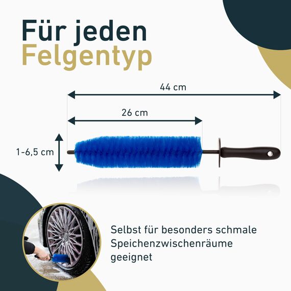 Aurum-Performance® Felgenbürste zur effektiven Auto Reinigung - Profi Felgen-Bürste lang zur schonenden Felgenreinigung - Wheel Brush Felgenreiniger, Alufelgen Reinigungsbürste