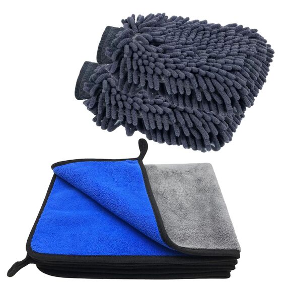 VAIYNWOM 3er Mikrofasertücher & 2 Stück Waschhandschuh Autopflege Set, Microfasertücher 600GSM Super Weich Trockentücher Mikrofaser Handtuch zum Autoreinigung, Trocknen und Polierenlau