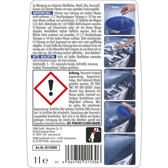 SONAX XTREME Shampoo 2 in 1 (1 Liter) Autoshampoo Konzentrat ohne Abledern zur Reinigung lackierter Oberflächen, Metall, Glas, Kunststoff & Gummi | Art-Nr. 02153000