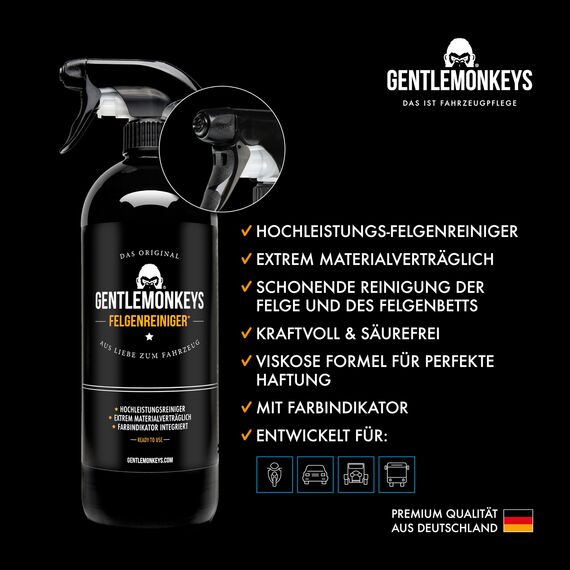 GENTLEMONKEYS Profi Felgenreiniger (1000ml) • Stahl- & Alufelgen Reiniger mit Farbumschlag & Hafteffekt • Säurefrei & pH-neutral • Felgenspray wirkt sofort, reinigt Auto & Motorrad in Minuten